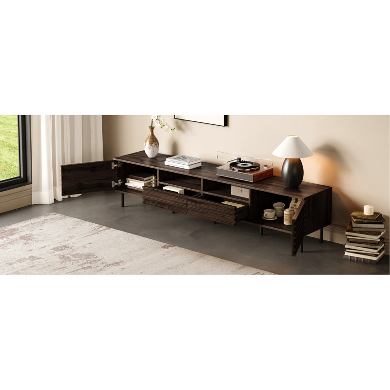 Meuble audio-vidéo moderne de 78 pouces pour 65 à 85 téléviseurs, avec rangement fermé, trous de câbles et console à charnières à fermeture douce