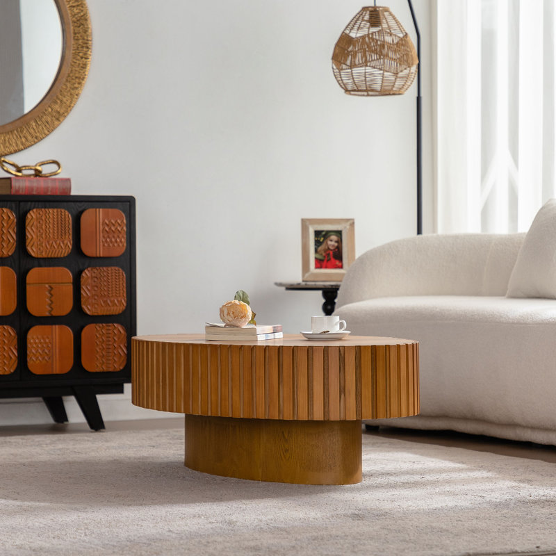 Table basse ovale en bois 43,5 "avec relief fabriqué à la main | Base de piédestal robuste, conception en forme d'olive pour le salon
