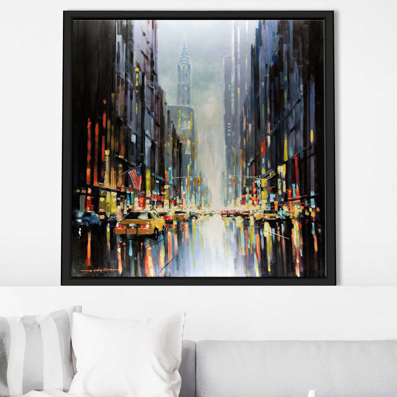 «City Lights» par E. Anthony Orme - Peinture, Cadre flottant noir, H 21,5 po x l 21,5 po x P 2 po