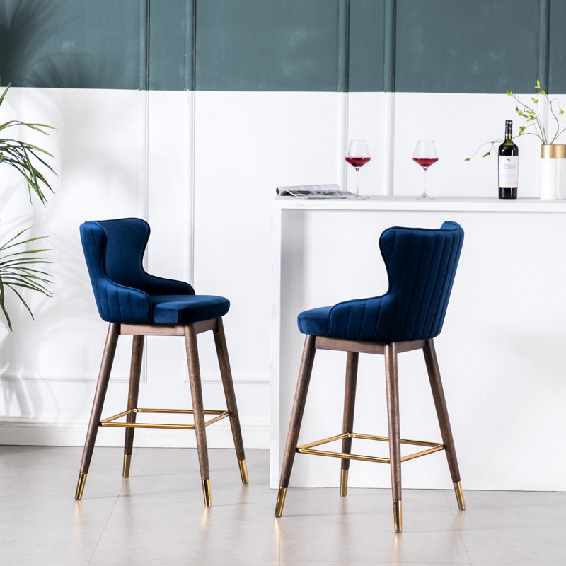 2 Bar Stools In Blue - Velvet-Like Fabric Upholstery, Thick Foam , Mid-Century Wingback Style, Solid Rubberwood Legs, Walnut Finish, 28.3"H Seat  2   Dense Padded, Covered, Inspired, Tapered Finish