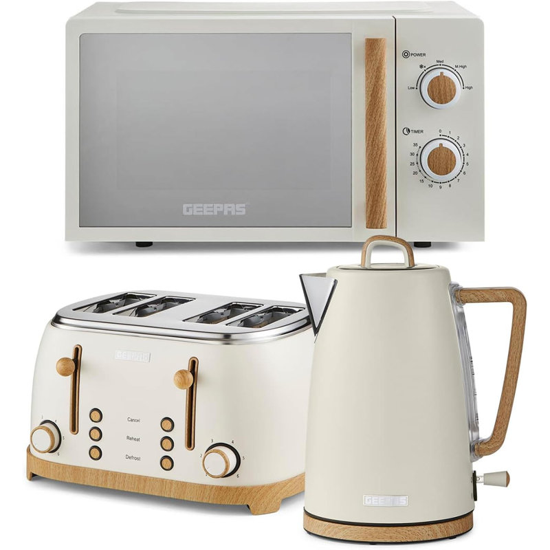 GEEPAS NordiQ 20L Microwave Oven 700W, 4 Slice Toaster & 1.7L Electric Kettle Combo Set | Matte Finish with Wood Accents | 1500W Bread Toaster & 3000W Rapid Boil Cordless Jug Kettle