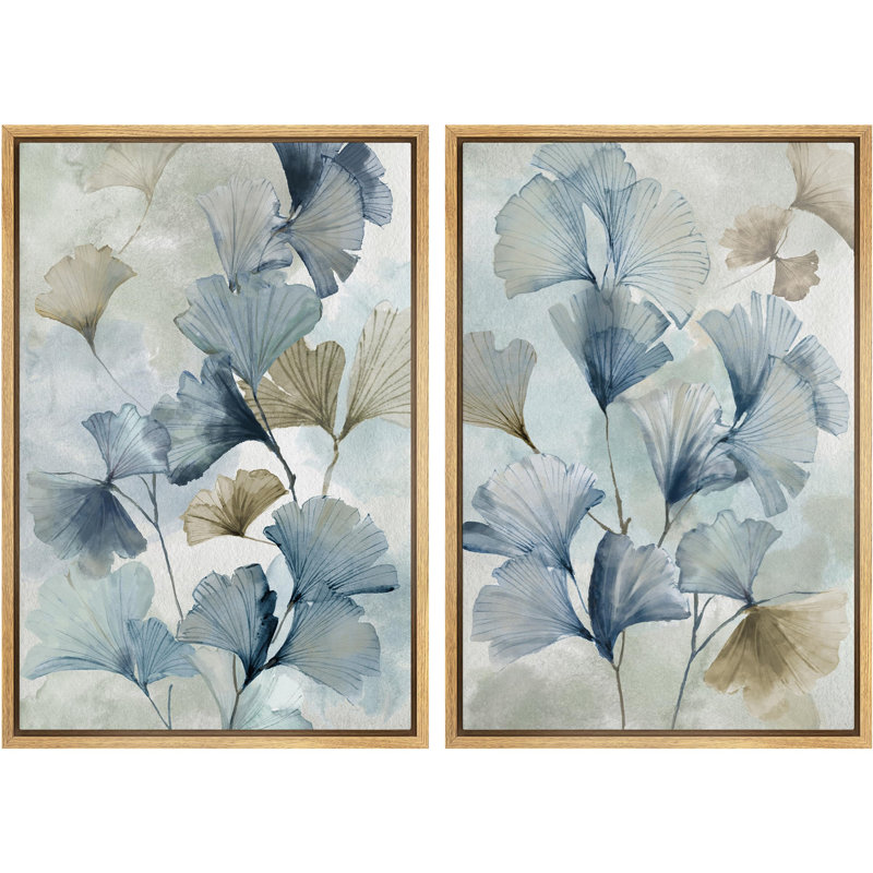 Blue Ginkgo Leaves Minimalist Abstract Botanical Modern - Framed Canvas Bedroom Wall Art Set 2 Print, Natural