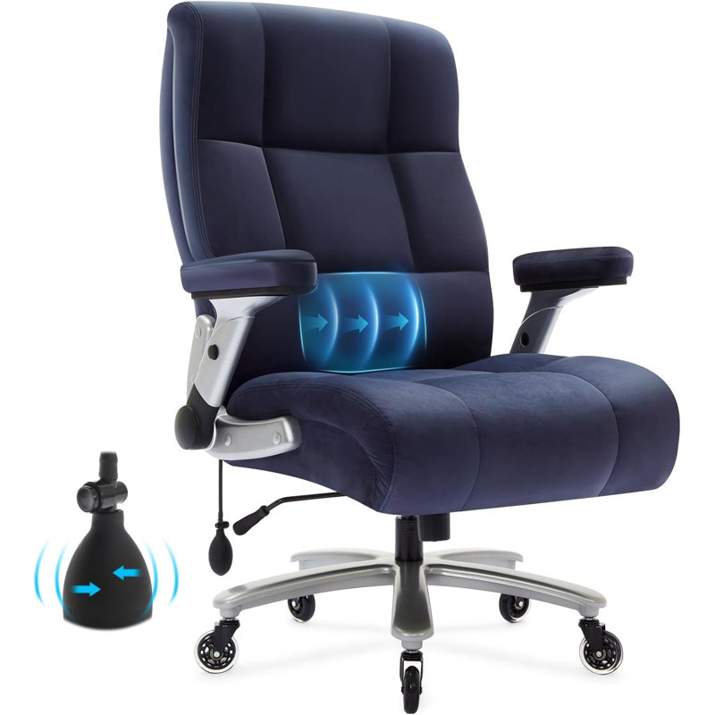 Fauteuil de direction robuste pour les grands et grands 500 lb - Dossier haut ergonomique avec soutien lombaire réglable, siège en tissu extra large, accoudoirs rabattables en 2d et roulettes en caoutchouc silencieuses