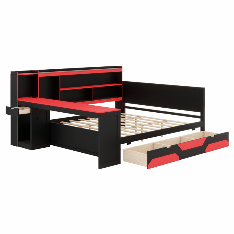 Multi-Functional Gaming Daybed with Built-in Desk, Charging Station and Storage Drawers, Queen, Black+Red