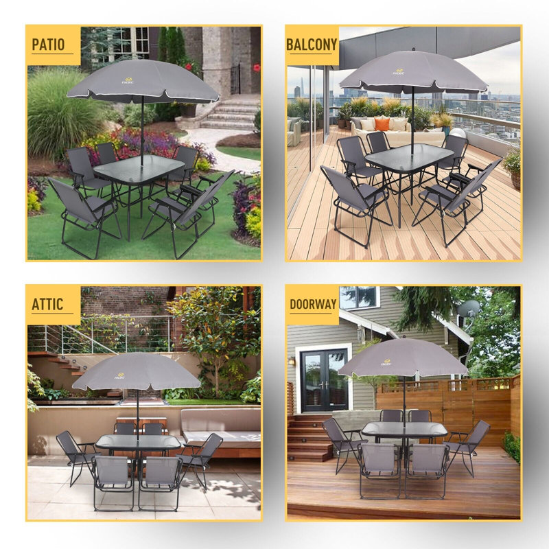 berke 8 piece patio set with umbrella and cushions KOTEK Outdoor Dining for 8, Wicker Dining Table Chairs Set & 2'' Hole, 9 Pcs PE Rattan Patio Furniture Set for Garden, Deck, Backyard (Navy) The patio dining set includes 13ft beige patio umbrella Resenkos 8 Pieces Patio Furniture