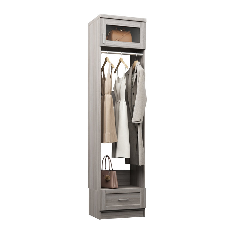 Grey Oak 18" Floor-Mounted Closet Section with Glass Doors, 1 Clothing Rod, 1 Shelf & 1 Shaker Drawer, 18, Grey Oak