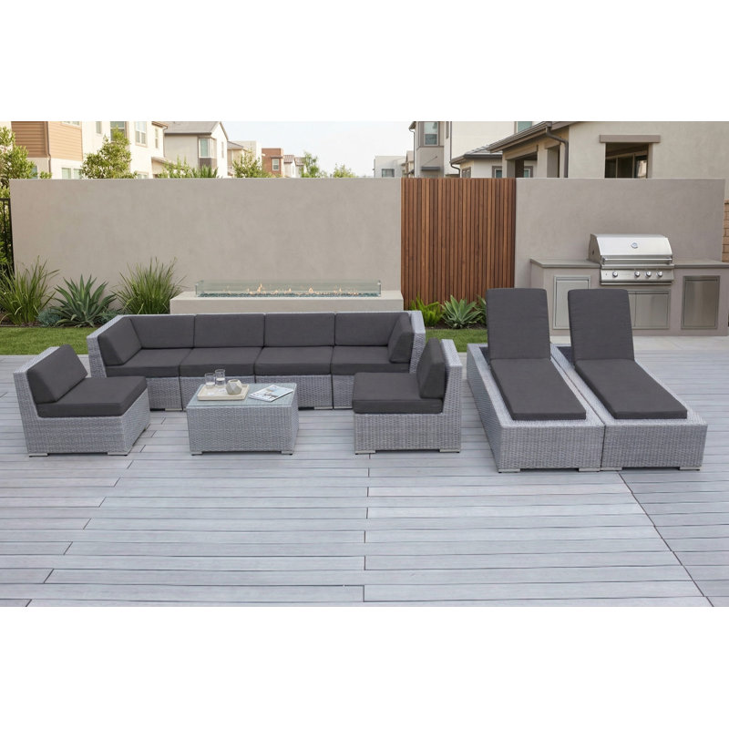 Ensemble de conversation modulaire en rotin avec coussins 9 pièces Barna - aucun assemblage requis, gris