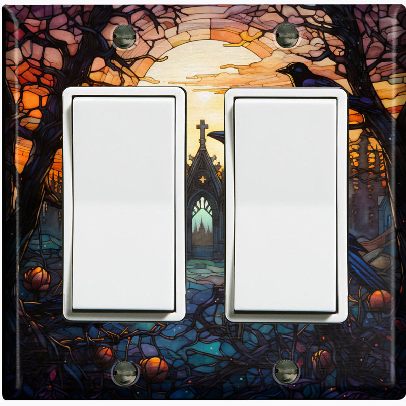 Metal Light Switch Plate Outlet Cover (Halloween Spooky Church Raven - Double Rocker)