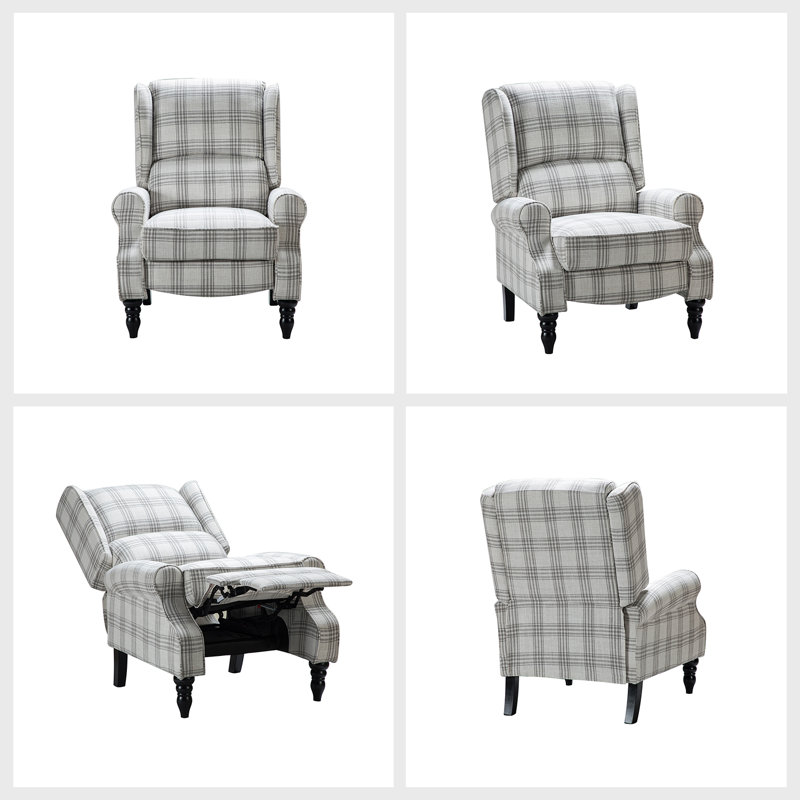 Plaid Gray Wingback Recliner with Manufactured Wood Frame