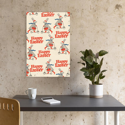 Happy Easter Bunny Pattern Playful Retro Vintage Spring Wall Art Print 1 Piece Wrapped Canvas Wall Art