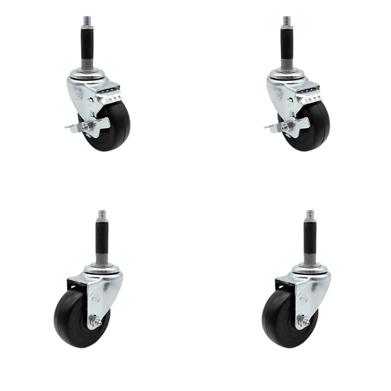4 Piece Rubber Swivel Expanding Stem Caster Set with 2 Brake