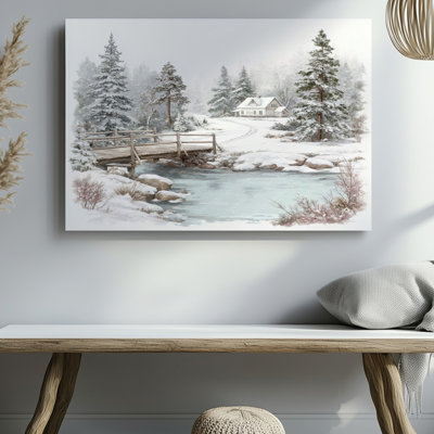 «Snowy Winter Landscape With Bridge Cottage pins», reproduction d'art sur toile pour le salon, la chambre à coucher, le bureau, le couloir, le vestibule, le mur de la galerie et la décoration intérieure moderne