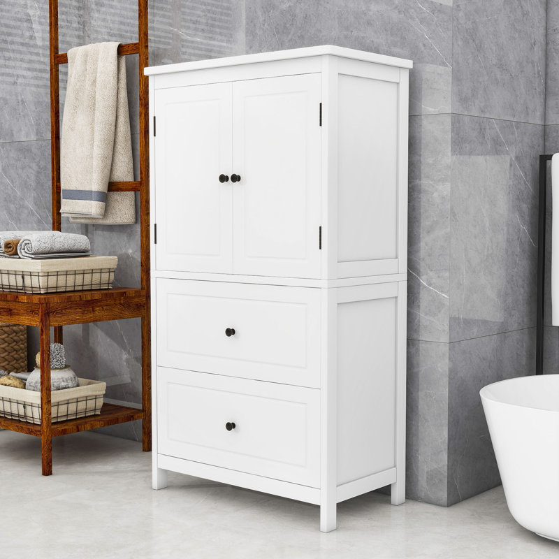 Beaucet Elegant Wood Freestanding Bathroom Cabinet with Adjustable Shelf, Doors and Drawers, White