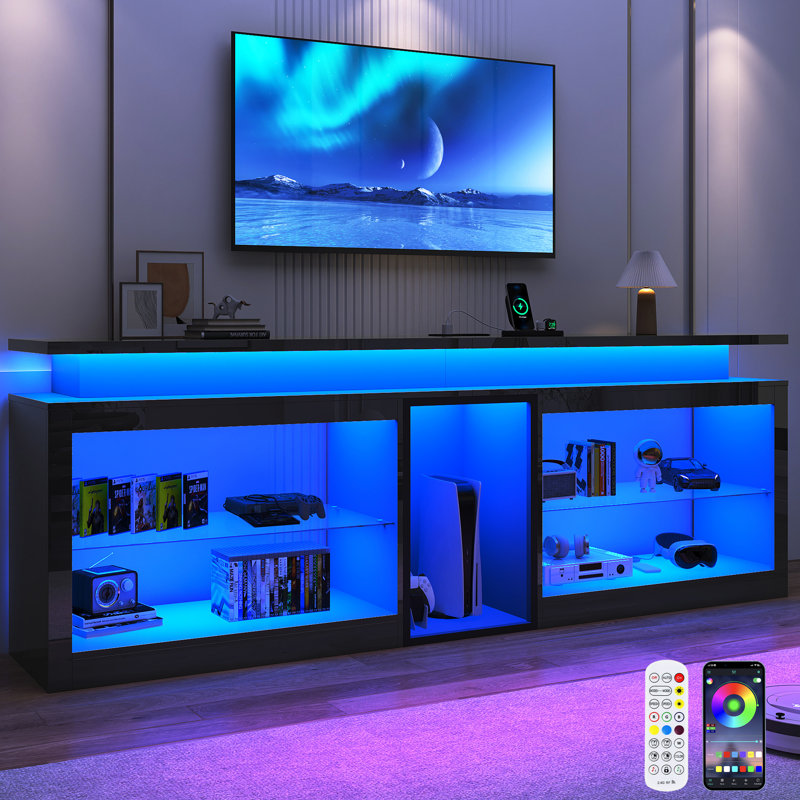 71" LED TV Stand For Tvs Up To 80" With Adjustable Shelves, LED Lights, Large High Gloss Gaming Entertainment Center, Black