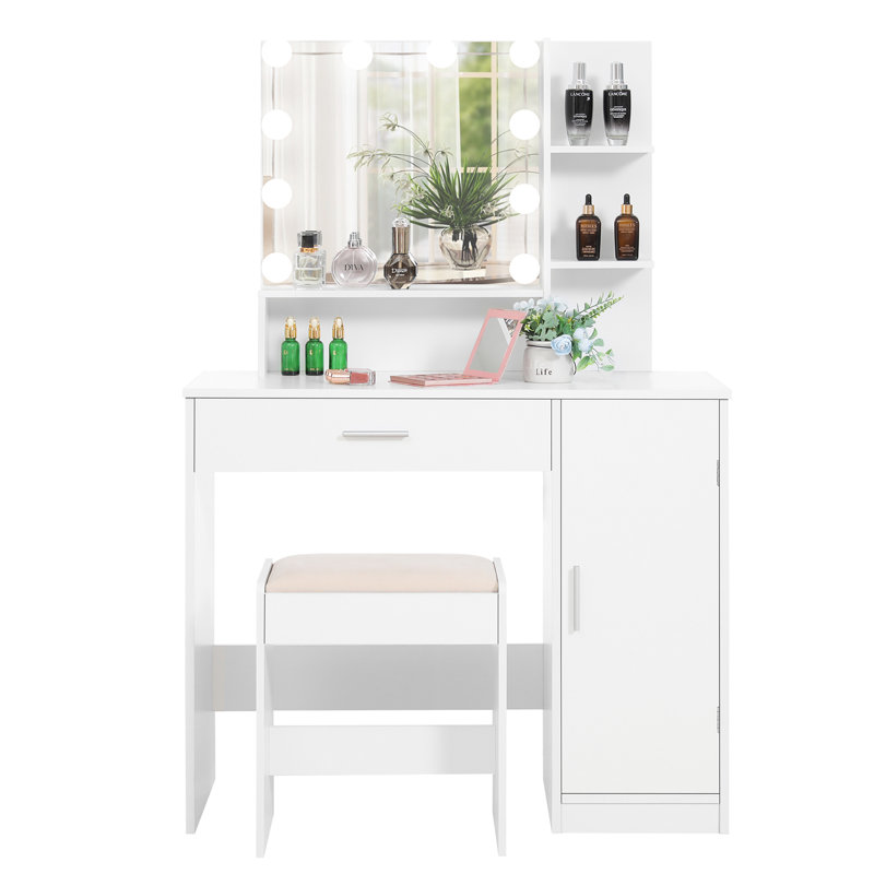 Ensemble coiffeuse avec tabouret et miroir Dasher, Blanc
