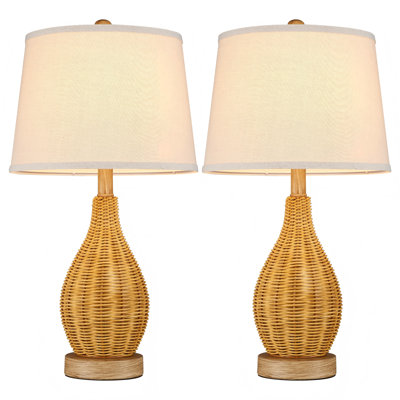 Ensemble de 2 lampes de table 23 "Farmhouse Boho avec base en rotin tissé à la main et abat-jour en lin