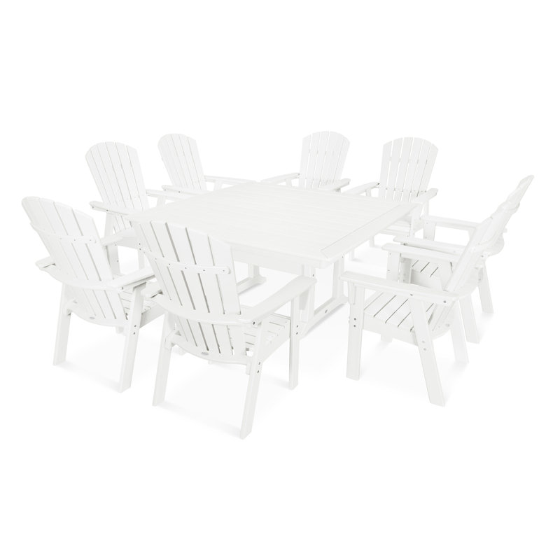 Ensemble de salle à manger POLYWOOD Nautical Curveback Adirondack avec pieds en tréteaux, Blanc, 9 pièces : table, 8 chaises