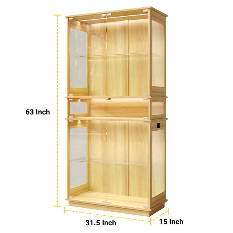 Glass 80 cm W Display Cabinet with Lighting, Wood