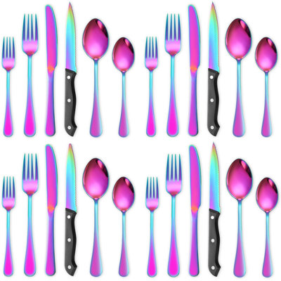 Ensemble de couverts 24 pièces pour 4 personnes en acier inoxydable Rainbow, allant au lave-vaisselle durable avec fourchettes, couteaux, cuillères et couteaux à steak pour un usage quotidien et des occasions spéciales