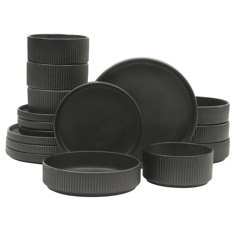 Service de table en grès 16 pièces Gibson Elite Deerfield - Assiettes et bols empilables, glacis réactif, service pour 4, noir mat