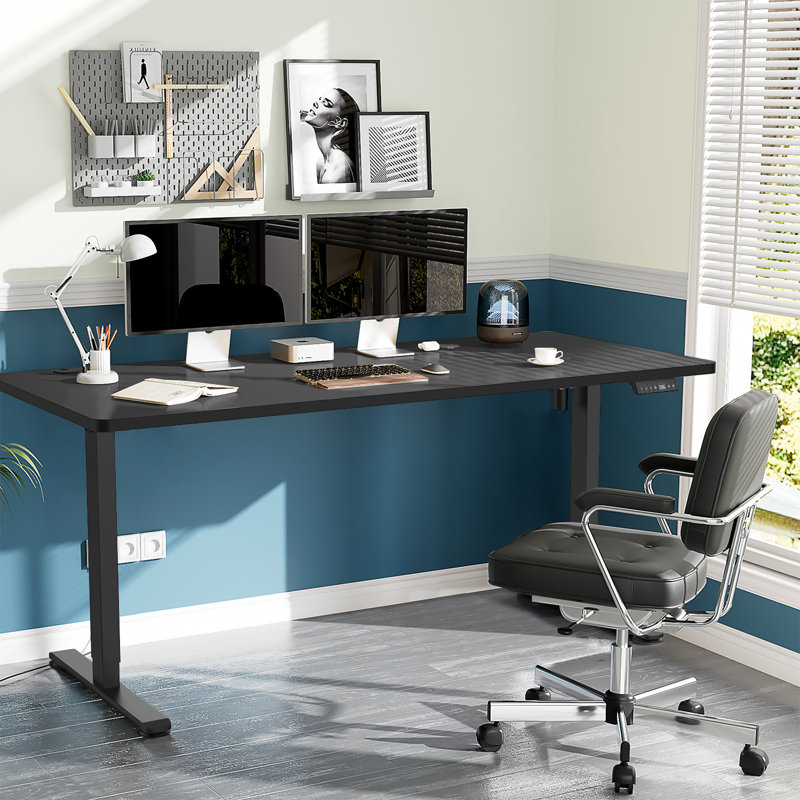 Height Adjustable T-Shaped Computer Desk Electric Standing Desk with USB Charging, Black, Black, 115cm H x 180cm W x 80cm D