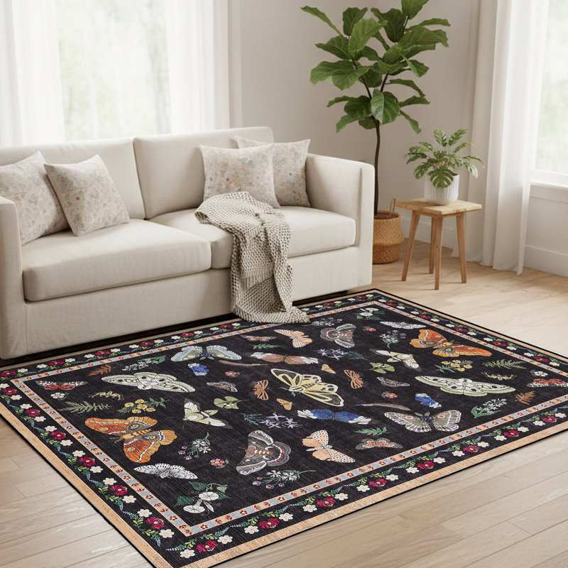 Black Butterfly Washable Rug Indoor Carpet, Rectangle 8' x 10', Black