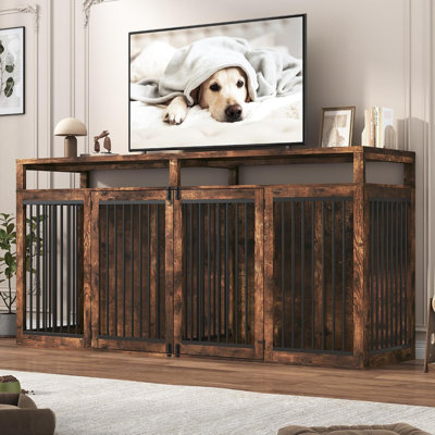 Meuble de 86,6 po pour 2 chiens, cage de chien en bois avec panneau de séparation et tablette de rangement ouverte, double cage robuste, meuble télé pour chien