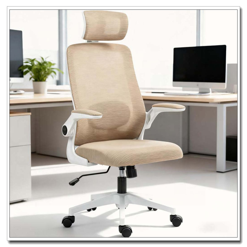 Ergonomic Mesh Office Chair With Flip-up Armrest Headrest And Lumbar Support, Light Khaki