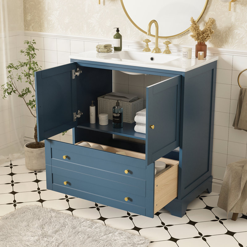 Ensemble de meuble-lavabo avec lavabo en céramique et poignées dorées, Bleu