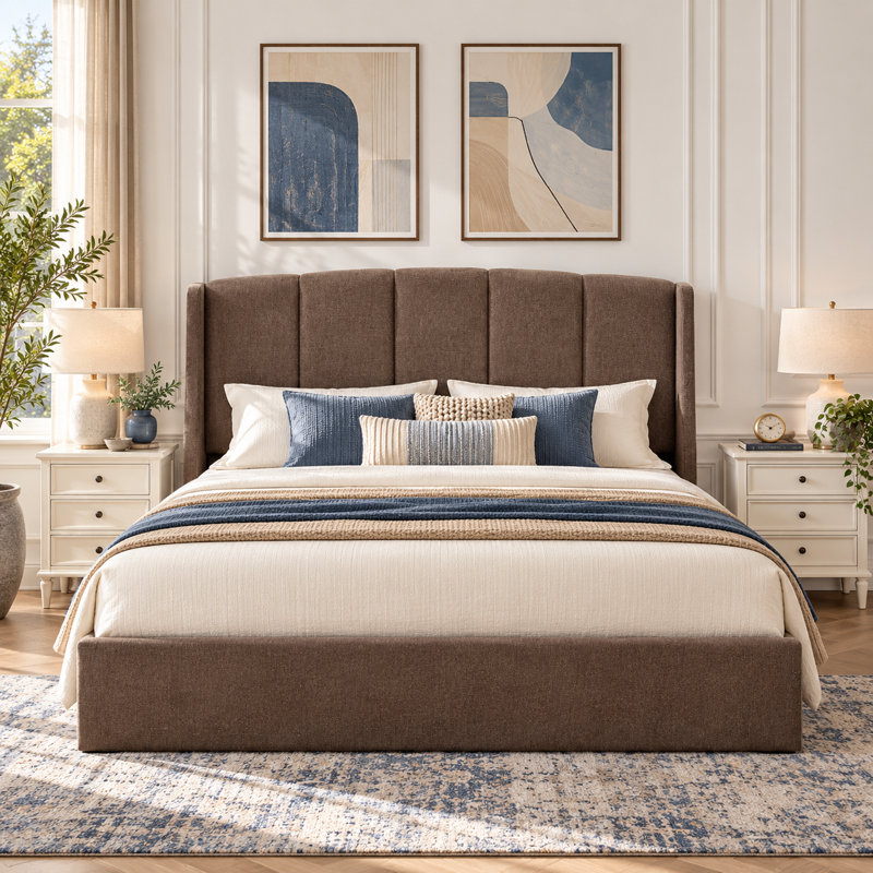 Lit coffre relevable capitonné, taupe, Queen, Grand lit, Taupe