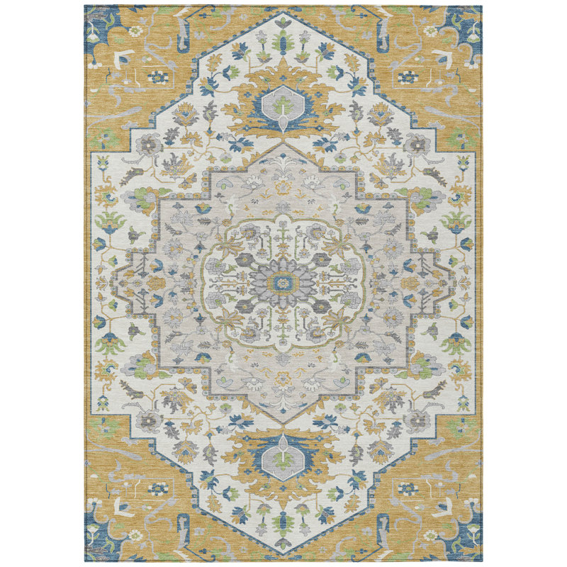 Lidia Gold Washable Indoor-Outdoor Rug - , 5' x 7'6"