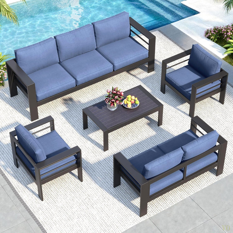 Ensemble de conversation de patio 5 pièces en aluminium 5 pièces, canapé d'extérieur 7 places avec coussins épais et structure et table basse