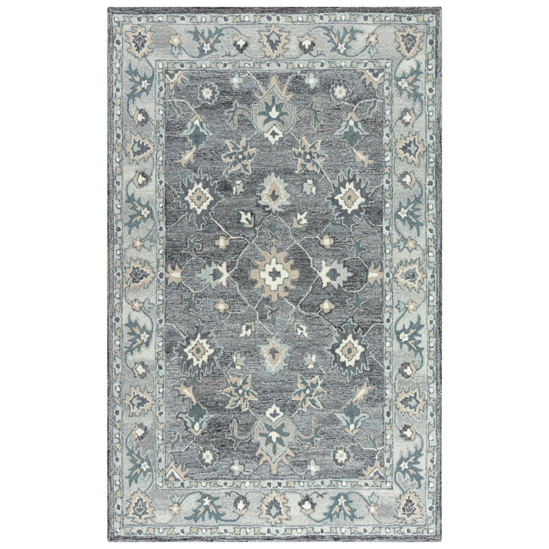 Tapis gris en laine touffeté à la main Floral, Rectangle 5 pi x 7 pi 6 po