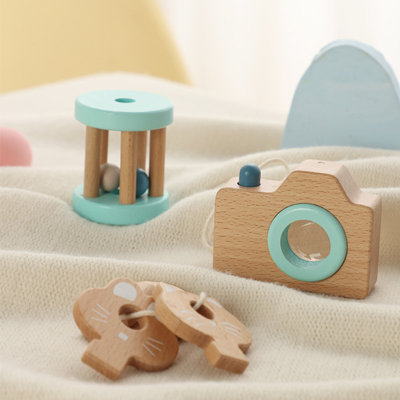 Freniland - Wooden Baby Gift Set for 10 Months+ Infant Toys,3Pcs of Key, Rattle, Camera,Newborn Shower Present