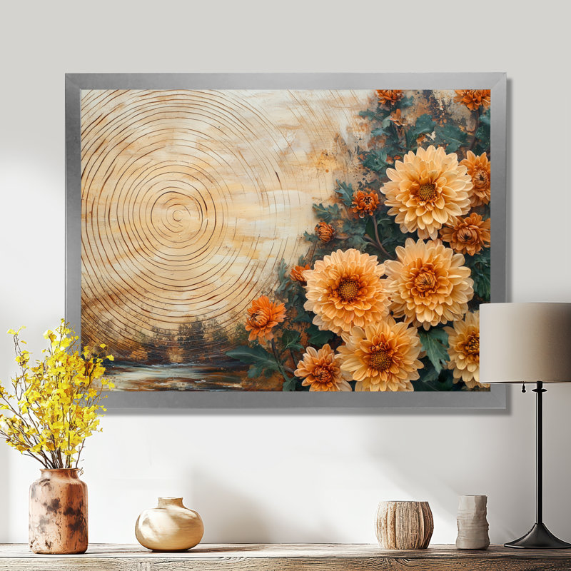 Automne, fleurs de chrysanthème sur un plateau en bois diapositive II - Chrysanthèmes, art mural, H 34 po x l 44 po