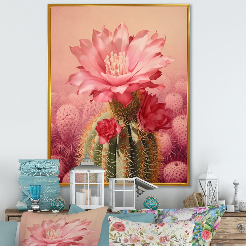 Cactus rose vert, collage minimal sur toile, H 40 po x l 30 po x P 1,5 po, Cadre flottant doré