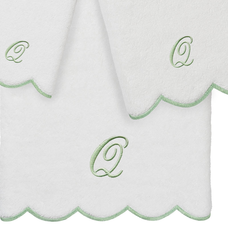  Ensemble de serviettes personnalisées 100% coton ADORNIA, Q, Blanc/vert, Ensemble 3 serviettes de bain