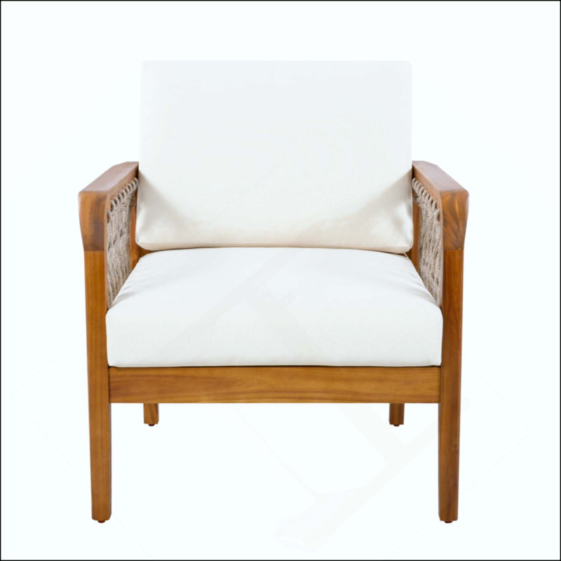 Fauteuil club d'extérieur en bois d'acacia avec corde tissée à la main, Coussin avoine / structure en teck