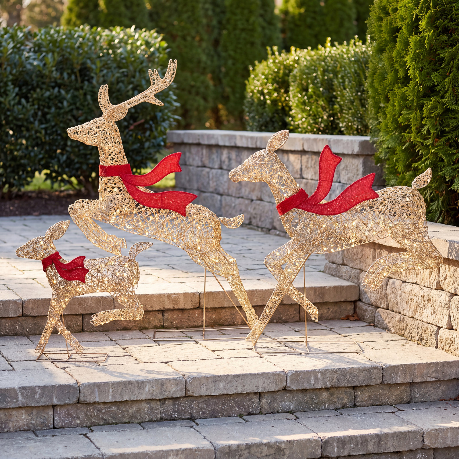 Lighted Rattan Running Reindeer Set, 54.33in H x 37.6in W x 10.43in D, Gold/Red