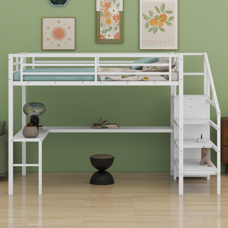 Metal Loft Bed With L-Shaped Desk And USB, Wardrobe And  Shelf, High Loft Bed With LED For Kids Teens Adults, Queen