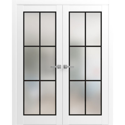 Portes françaises doubles solides | Verre givré Planum 2122 | Garnitures de cadre en bois massif | Portes robustes de chambre à coucher pour garde-robe