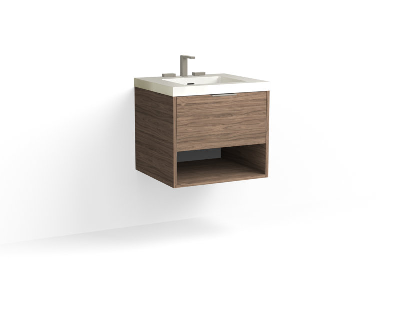 Modo 24" W Wall Mounted Single Bathroom Vanity , Glossy White/Single, Satin Brass, Nocino