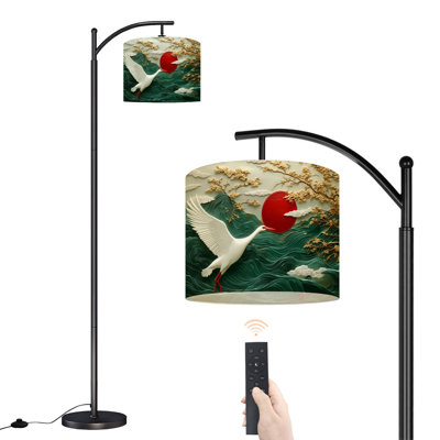 Arc Floor Lamp Japanese Crane Waves Red Sun Cherry Blossom Tree Floor Lamps with Remote LED Lights Adjustable Lamp Shades Tall Standing Lamps for Reading Office Living Room