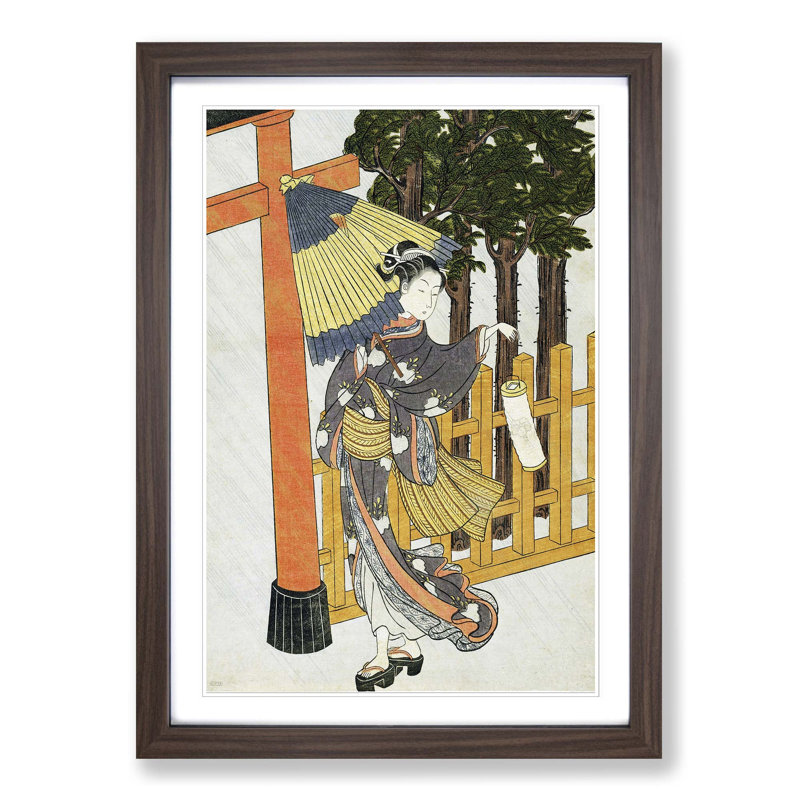 Woman Visiting the Shrine by Harunobu Suzuki - Picture Frame Painting Print, 65cm H x 48cm W x 2cm D, Walnut Framed
