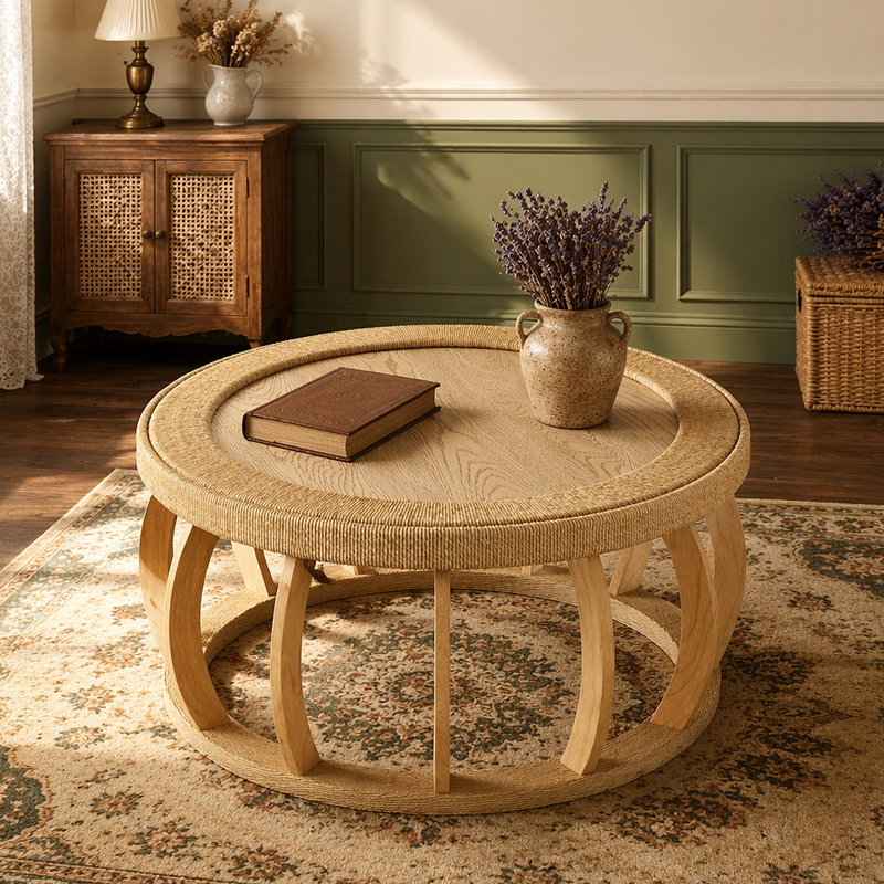 Table basse ronde ronde en bois massif de 35,43 po avec pieds courbés et table d'appoint Boho pour salle à manger, cuisine et salon, naturel