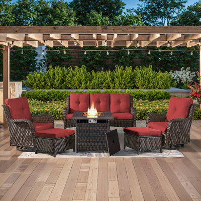 Schutt Wicker Rattan 5 Person Outdoor Seating Group with Fire Pit, Rocking Swivel Chairs, Sofa and Ottomans