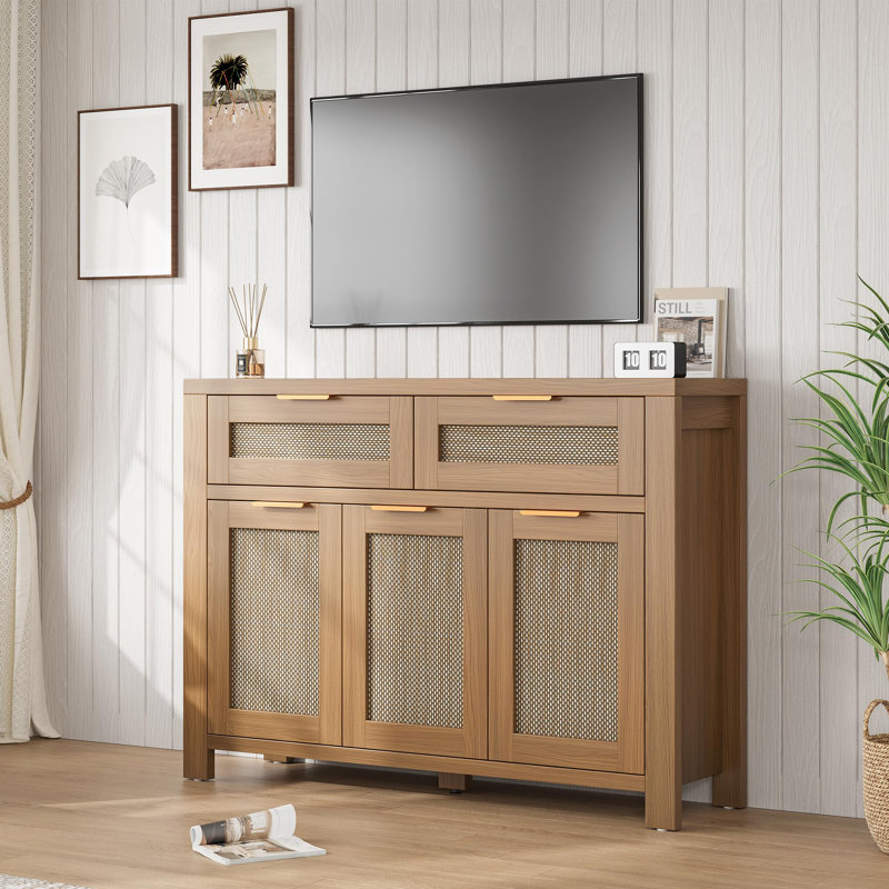 Rattan Buffet Cabinet, Boho Sideboard with 2 Drawers, Adjustable Shelf, High-Leg Storage Cabinet with Anti-Tip Hardware,for Kitchen,Dining Room,Entryway,Living Room, Light / Dark Oak