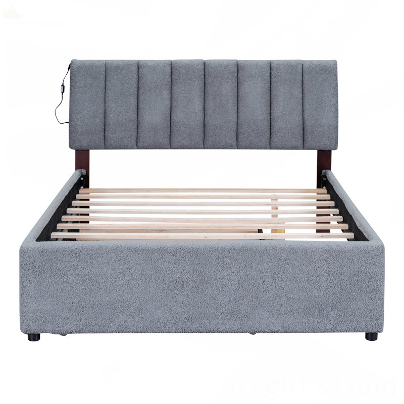 Lit plateforme tapissier avec lit gigogne double Teddy, Gris, Double