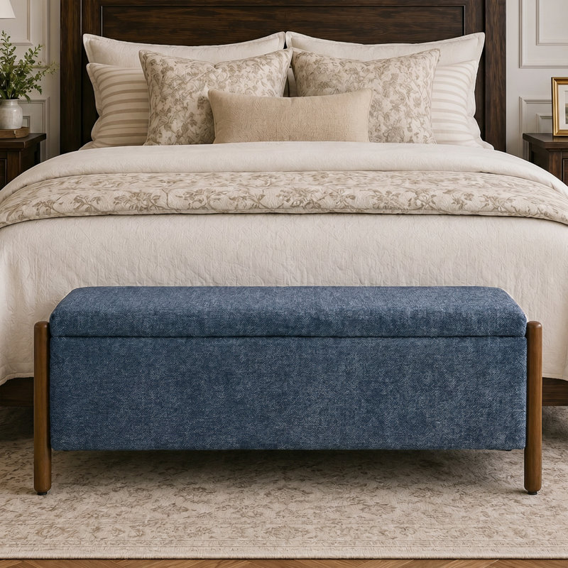  Banc de rangement rembourré 48 po avec pieds en bois massif 48 po, Bleu