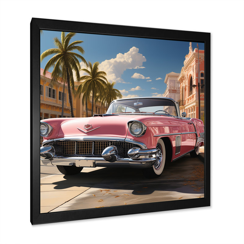 Voiture rétro classique rétro sur toile rose, Cadre simple noir, H 16 po x l 16 po x P 1 po